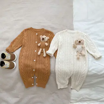 0-2Y בגדי תינוקות תינוקות בנים בנות מוצק צבע סרוגים רומפר כותנה שרוול ארוך סרבל היילוד פעוט מזדמן Onesies