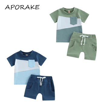 2023 0-3Y תינוקות בנים תלבושות קיץ ניגודיות צבע בכיס או צוואר קצר שרוול מזדמן חולצות+אלסטי המותניים התחתונים בגדים להגדיר