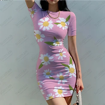 2023 הקיץ חדש חם מכירת נשים עם שרוולים קצרים צוואר עגול עם חצאית סקסית הדפסת 3D אופנה למסיבה פרח עטוף היפ חצאית
