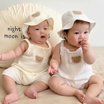 2023 התינוק החדש הילדה Romper עם כובע תינוק חוף בגדים סט קיץ לבן כותנה כותנה כותנה תינוק לבוש סרבל תינוק