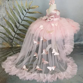 2pcs יוקרה פרח שמלת ילדה נסיכה שמלות לנשף מסיבת יום הולדת הטקס הראשון טול נפוחה עם 3d פרפר על החתונה ללבוש.