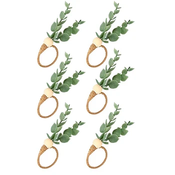 6 יח 'אקליפטוס טבעות מפיות עץ בעבודת יד חרוזים עיצוב הבית המזויף צמחייה מחזיקי מפיות עבור חתונות,מסיבה,וכו' עמיד ירוק