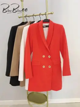BlingBlingee אלגנטי משרד ליידי המעיל Traf 2023 סתיו ארוך שרוול כפול עם חזה סלים בלייזר נשים מעיל הנשי העליון להאריך ימים יותר