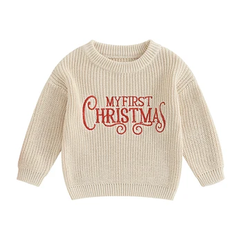 Bmnmsl בייבי בנות חג המולד לסרוג סוודר בצבע בז ' שרוול ארוך מכתב הדפסה קט סריגים