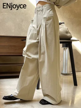ENjoyce אביב סתיו נשים וינטאג רחב הרגל המכנסיים בנות כפול קפלים עיצוב כיסים חופשי ישר לנקות את המכנסיים.