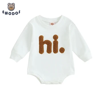 EWODOS תינוק תינוק תינוק בנות סרבל תלבושת Crewneck בגד גוף לבן שרוול ארוך בצבע פאזי מכתב רקמה Playsuits