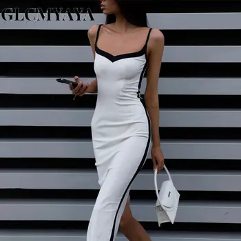 GLCMYAYA אופנת רחוב נשים צבע ניגודיות משולבים שסף גופיות ספגטי רצועת שמלת Bodycon 2023 גבוהה המותניים קו שמלות