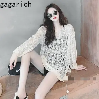 Gagarich עצלן סגנון העמודים חופשי סרוג נשים קיץ ארוך שרוול סריגה חולצה דק חולצה נשית קלה שקוף העליון