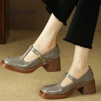 Kanseet נשים משאבות עור אמיתי נעלי שמלה עבור הגברת 2023 סתיו בוהן מרובע בעבודת יד אבזם רצועת עקבים גבוהים הנשית הנעלה