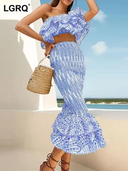 LGRQ Beach Resort סגנון אופנה מזדמנים צמרות השמלה להגדיר נשים לפרוע לא סדיר חולצת גבוהה המותניים Fishtail חליפת חצאית 2023 19J5614