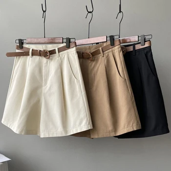 MEXZT חגורת כותנה טהורה נשים מכנסיים קצרים גבוה מותן רחבה הרגל קו חליפת מכנסיים קצרים משרד ליידי מוצק חופשי מזדמן כל התאמה במכנסיים קצרים.
