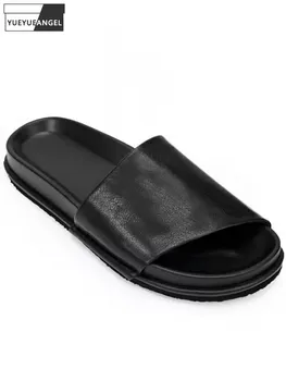 Mens קיץ בחוץ מזדמנים נעלי עור פרה עור אמיתי שקופיות להחליק על נעלי עבה פלטפורמת הזרקת חוף נעלי בית נעליים