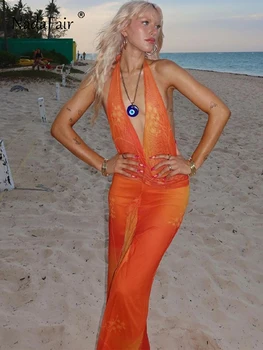 Nadafair נשים סקסי שמלת החוף לקשור צבע קיץ מודפס עמוק V צוואר הקולר ללא משענת שמלות ארוכות בקיץ 2023 סטרפלס מסיבת מועדון