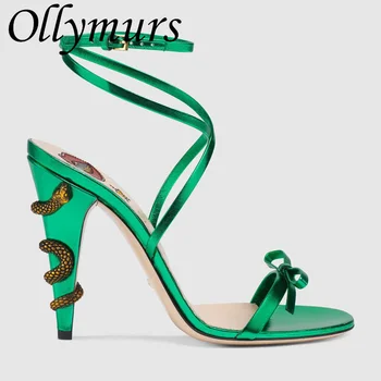 Ollymurs החדש מתכת זהב נחש סביב העקב גבירותיי סנדלי Bownot רצועה עקבים גבוהים נשים נעלי יוקרה