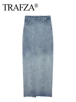 TRAFZA הנשי החדש אופנה אלגנטית ג ' ינס תפירה גבוהה המותניים אופנת רחוב חצאיות אישה בציר כחול שיפוע כיס עיצוב החצאית