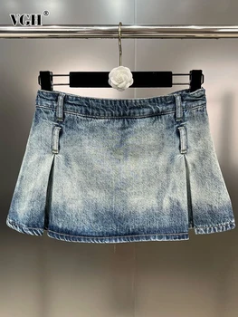 VGH קפלי סקסי ג ' ינס חצאית מיני עבור נשים גבוהה המותניים הרזיה פגע צבע אופנת רחוב חצאיות נשית אופנה חדש של בגדים בסגנון 2023