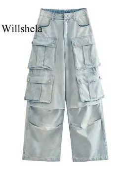 Willshela נשים אופנה עם כיסי ג 'ינס כחול בהיר הרוכסן הקדמי של מכנסי דגמ