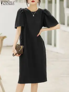 ZANZEA 2023 קיץ אופנה קוריאנית באורך הברך Dres צבע מוצק נשים חלוקים יומיומי שרוול קצר שמלת חופשי O-צוואר משוסף Vestidos