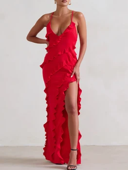 אדום פרע שיפון השפה שמלה ללא משענת קדמי שסע סקסי נשים ארוך של ליל קיץ שמלות ערב