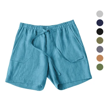 אירופאי ואמריקאי גברים קיץ כותנה, פשתן מכנסיים עם שרוך מוצק צבע לנשימה החוף חמש נקודות מקרית המכנסיים