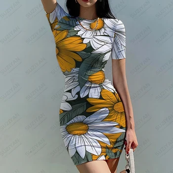 אלגנטי דייזי הדפסת 3D השמלה של הנשים צוואר עגול קלאסי שמלת רגיל קיץ, שרוול קצר שמלת אופנה מזדמן להתלבש