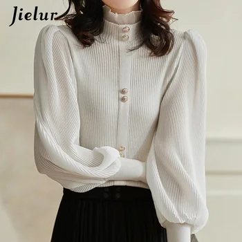 האביב אלגנטי שיפון טלאים צווארון הסוודר נשים חורף חדש קוריאני סרוגה חולצות שרוול ארוך Pullovers