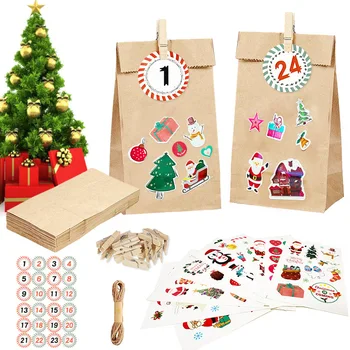 הופעתו של חג המולד לוח שנה DIY יפה אדוונט לוח השנה,24 שקיות נייר ומדבקה נייר מעוצב קישוטי חג המולד