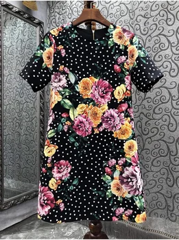 החדש אופנה שמלת הקיץ 2023 באיכות גבוהה בגדים לנשים O-צוואר פולקה דוט הדפסי פרחים דפוסי שמלה שחורה שרוול קצר