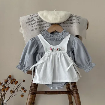 הסתיו בייבי מוצק מקרית לפרוע את הקולר בגד ילד ילדה תינוק כותנה אופנה אוברול היילוד רקמה, פרח Suspender השמלה