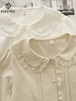 חדש בסתיו כותנה חולצות נשים מוצק מתוק לכל היותר ילדה פיטר פן Collor שרוול ארוך תוכנן שיק תחרה חולצות האביב T39134QM