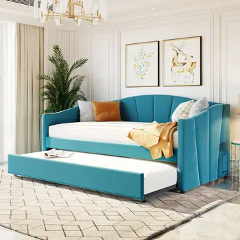 מינימליסטי ומודרני ריפוד ספה הנפתחת למיטה זוגית גודל עם המיטה המתקפלת, עץ פסיס ,מתאים השינה, כחול