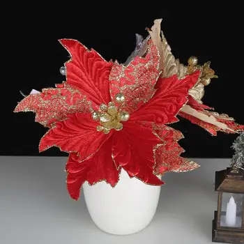 מלאכותיים פרח של חג המולד נוצץ חלבלוב חג המולד פרחים קישוטים מלאכותי נצנצים בד פרחים מקורה חיצוני