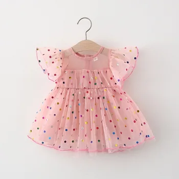 מפלגת נסיכת שמלות לתינוקות בנות עם שרוולים קצרים רשת עם שמלה צבעונית פולקה דוט תבנית הדפסה לפרוע את הפעוט להתלבש