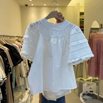 מתוק בסגנון נשים לבנות, חולצה קיץ העיצוב החדש 2023 חלול החוצה טלאים רופפים מוצק אלגנטי, נשי ומושך מקסימום