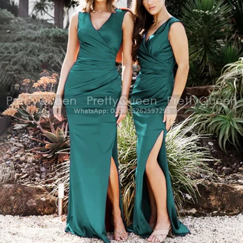 נדן ארוך שמלות שושבינה בת ים חריץ גבוה פיצול צוואר V שרוולים ירוק מסיבת חתונה שמלה לנשים