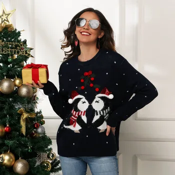 נפץ נשים פינגווין קטן אקארד רופף ארוך שרוולים לסרוג סוודר חג המולד סוודר פינגווין הדפסה roupas femininas