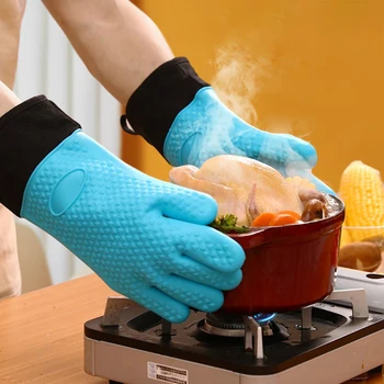 סיליקון כפפות לתנור עמיד בחום אפייה כפפות, פנימית כותנה שכבה כפפות מטבח עמיד למים מיקרוגל Potholder ברביקיו הכפפה