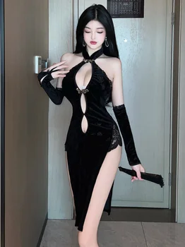 סיני קיץ סגנון נשים סקסי פתוח בגב גבוה לפצל את השמלה פיתוי רטרו חלול תחרה צוואר תלוי מוצק צבע השמלה R76G