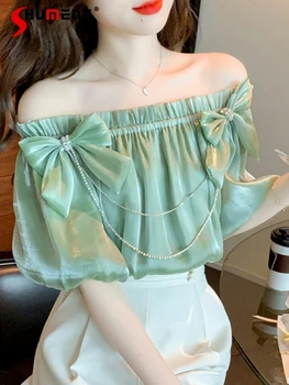 סקסית יוקרה קשת שרשרת שיפון חולצה ירוקה נשים 2023 קיץ חדש מתוק אלגנטיות אישה-כתף שרוול קצר למעלה ואת החולצה