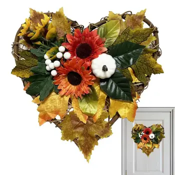 סתיו הדלת זר פרחים בצורת לב זר הסתיו עם חמניות חוות דקורטיביים זר חיצוני, קישוט לקירות דלת המרפסת
