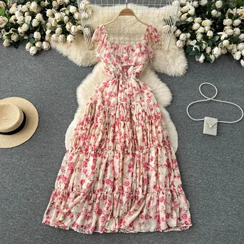 פרחים מעופפים קטנים שרוול השמלה של נשים קיץ קפלים פרע קצה צרפתי קטן מרגיש Kikyo חצאית