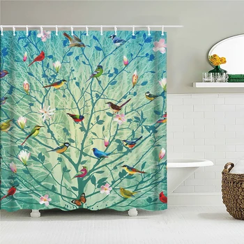 פרחים ציפורים וילון אמבטיה בד עמיד למים מקלחת וילונות פרחוניים עלים הדפסה השירותים נוף מסך הבית קישוטים