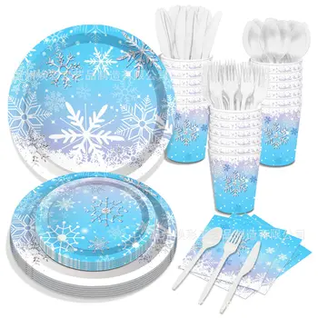 פתית שלג נושא חד פעמיות כחול פתית שלג מפיות צלחות כוסות בנות חג המולד שמח מלכת השלג מסיבת יום הולדת עיצוב