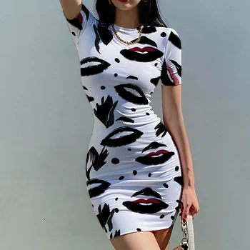 קיץ חדש גבירותיי סלים שמלה השפתיים 3D מודפס ליידי שמלה סקסית סגנון בנות סלים שמלת אופנה נשים סלים שמלה
