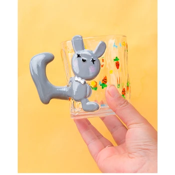 קריקטורה חמודה לכוס זכוכית עם ידית אנטי-לחלוט חמוד ארנב ילדים גביעי מילקי תה כוס חלב מיץ כוס חלב