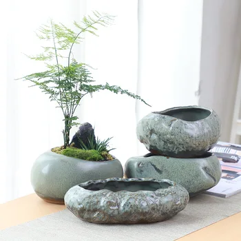 קרמיקה רטרו פרח קטן סיר יצירתי שולחן עבודה בבית בשרניים ירוקים צמח Wenzhu עציצים כלי הגן הסיני בעבודת יד