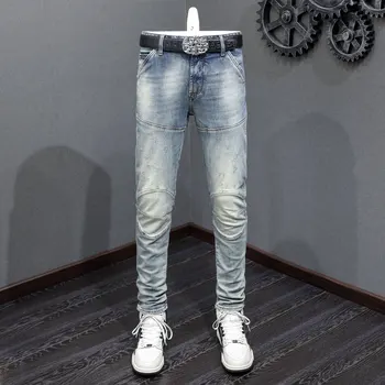 רחוב אופנה גברים ג 'ינס רטרו שטף כחול למתוח משולבים מעצב Slim Fit האופנוען ג' ינס גברים היפ הופ ג ' ינס מכנסיים קרועים