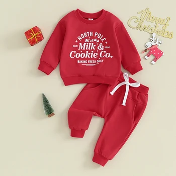 תינוק תינוק בחורף תלבושות חג המולד מכתב להדפיס חולצות, חולצה בצבע אחיד, מכנסיים ארוכים היילוד בגדים
