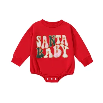 תינוק תינוק חג מולד הילדה Romper הילד מכתב ארוך שרוול החולצה סנטה בגד מרי מיני סרבל