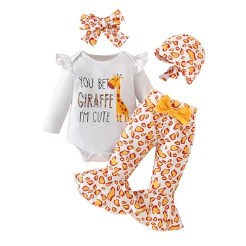 תינוקת בגדים ג ' ירפה שרוול ארוך מכתב יחיד עם הדפס מנומר בל תחתית בגימור כובע 4Pcs סטים תינוק חליפות 0-18 חודשים.